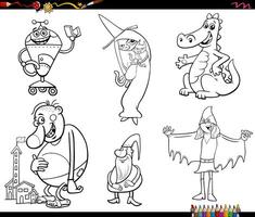 funny cartoon fantasy and fairy tale characters coloring page vector