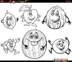 funny cartoon fruit food objects characters set coloring page vector