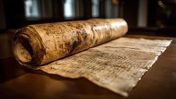 Ancient parchment roll with delicate script resting on a wooden table in a soft light photo