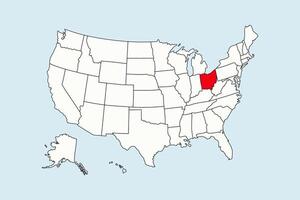 Ohio highlighted in USA map isolated on blue background vector