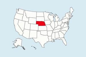 Nebraska highlighted in USA map isolated on blue background vector
