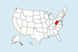 West Virginia highlighted in USA map isolated on blue background vector