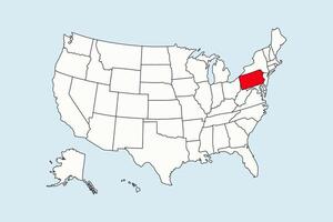 Pennsylvania highlighted in USA map isolated on blue background vector