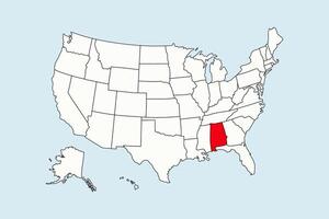 Alabama highlighted in USA map isolated on blue background vector