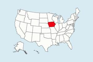 Iowa highlighted in USA map isolated on blue background vector