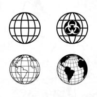 Four black and white globe icons with a biohazard symbol vector