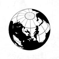 A black and white drawing of a globe with a map on it vector