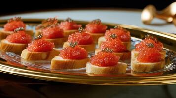 Elegant cod roe butter piped onto crisp bread slices served on a golden platter photo