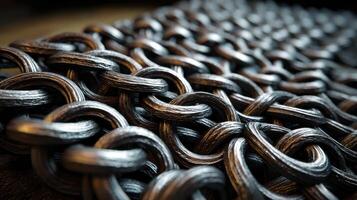 Interlocking steel rings of chain create a textured pattern on a close-up view of the surface photo