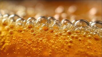 Extreme close-up revealing yeast fermentation process with bubbles and rich color details photo