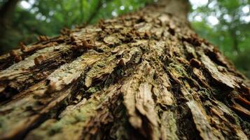 Close-up view of textured tree bark revealing intricate details of nature in a lush forest environment photo