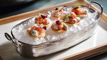 Chilled cod roe served in its membrane on a bed of ice with garnishes arranged elegantly photo