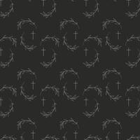 seamless pattern with leaves and church cross on black background vector