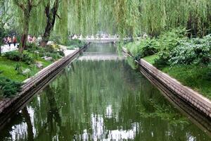 Beijing, China, 14.07.2010. A river with a bridge over it and a few people walking on the bridge photo