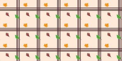 Playful seamless diagonal pattern design featuring maple and oak leaves with added geometric lines. Repeat background vector