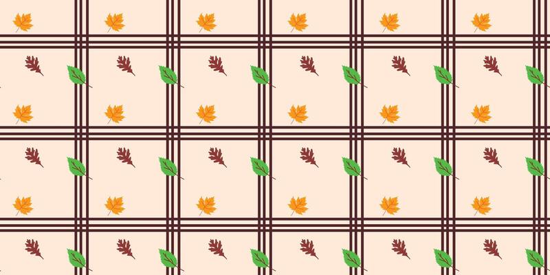 Playful seamless diagonal pattern design featuring maple and oak leaves with added geometric lines. Repeat background