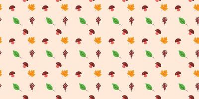 playful scatter seamless pattern with maple and oak leaves and mushroom. repeat background design for textile, fabric, wallpaper and other vector