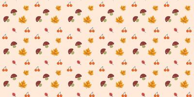 playful scatter seamless pattern with mushrooms, cherries and leaves vector