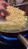 A pot filled with water and Noodle is currently boiling vigorously on a gas stove, clearly showcasing the cooking process video