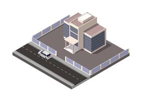 Isometric modern office building with highway and car vector