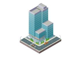Isometric modern office building with highway and parking area vector