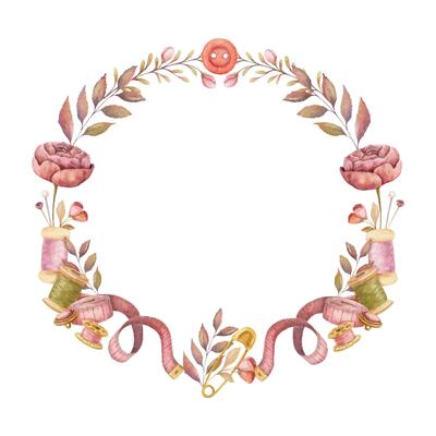Round wreath with watercolor sewing tools. Hand drawn vintage floral frame template with measuring tape and pink flower safety pin. Perfect for tailor logo and romantic card and invitation design.