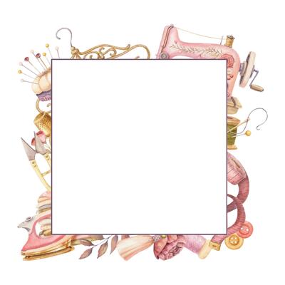 Square frame with watercolor sewing machine and copy space. Hand drawn vintage floral template with clothes hanger and pincushion. Perfect for tailor logo and romantic card and invitation design.