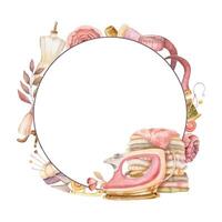 Round frame with watercolor clothes repairing tools and copy space. Hand drawn vintage template with pink iron and stack of fabrics. Perfect for tailor logo and romantic card and invitation design. vector