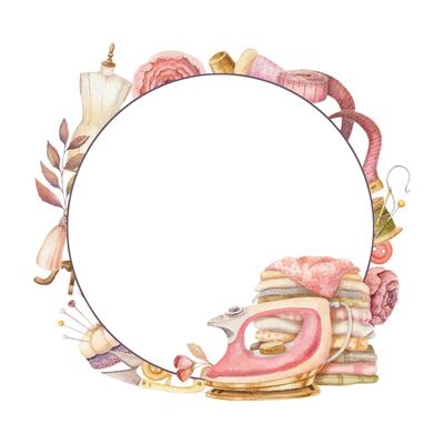 Round frame with watercolor clothes repairing tools and copy space. Hand drawn vintage template with pink iron and stack of fabrics. Perfect for tailor logo and romantic card and invitation design.
