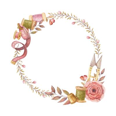 Fine round wreath with watercolor sewing tools. Hand drawn vintage floral frame template with measuring tape and pink rose flowers. Perfect for tailor logo and romantic card and invitation design.