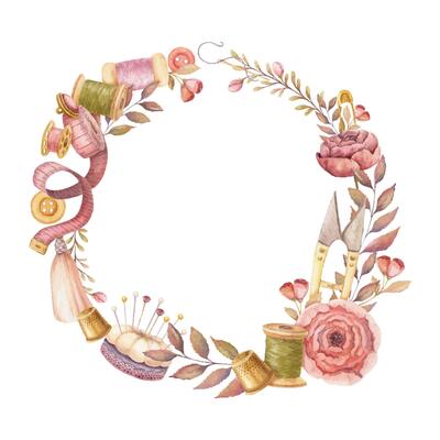 Round wreath with watercolor sewing tools. Hand drawn vintage floral frame template with measuring tape and flower pincushion. Perfect for tailor logo and romantic card and invitation design.