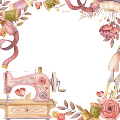 Square frame with watercolor sewing machine and copy space. Hand drawn vintage floral template with measuring tape and pincushion. Perfect for tailor logo and romantic card and invitation design.