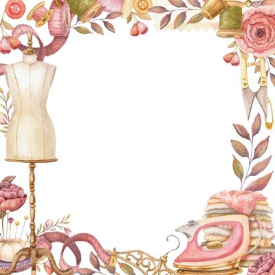 Square frame with watercolor female mannequin and copy space. Hand drawn vintage floral template with measuring tape and pink iron. Perfect for tailor logo and romantic card and invitation design.