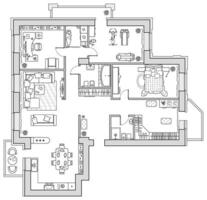 Apartment plan with furniture in top view. Layout of house standard set of icons for floor plan. Interior design elements for architectural plan. vector