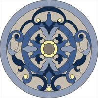 Ceiling round panels, stained glass window. Abstract Flower, swirls and leaves in circle frame, geometric ornament, blue color, symmetric composition, tiffany technique, classic style vector