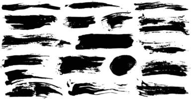Set of black ink hand drawn brushes strokes collection, isolated on white background. Dirty artistic brush dry smears border element. Black labels, background, paint texture vector