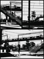 Grunge illustration in black and white. Abstract silhouette of the city with a bridge and stairs. Typography tee design. Urban style background vector