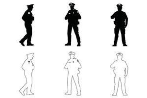 Set of Standing Policeman Silhouettes and Outline on White Background vector