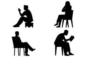 Silhouette Set of People in Various Poses Sitting on Chairs at Conferences or Meetings vector