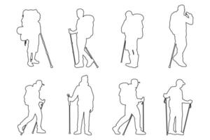 outline of People with Backpacks Hiking and Climbing Set vector