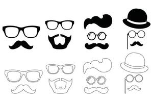 Nerd Glasses and Mustache Silhouette and Outline Black Icon Collection set vector