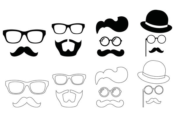 Nerd Glasses and Mustache Silhouette and Outline Black Icon Collection set