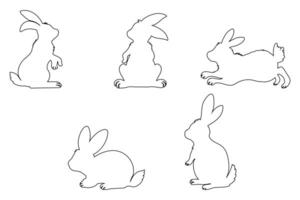 Outline Set of Easter Bunnies in Action Poses Isolated on White Background vector