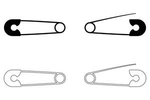 Safety Pin Icon Set with Closed Metal Pins in Silhouette and Outline Style Illustration on White Background vector