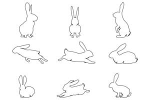 Easter Bunny Outline Set with Sitting Running Jumping and Standing Rabbits on White Background vector