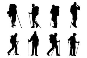 Silhouettes of People with Backpacks Hiking and Climbing Set vector