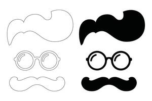 Nerd Glasses with Mustache Silhouette and Outline Illustration vector