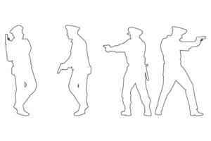 Black Outline Set of Police Officer with Rod Illustration on White Background vector