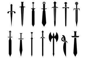Medieval Sword Silhouettes Set Vintage Flat Icons of Knight Weapons Isolated on White Background vector