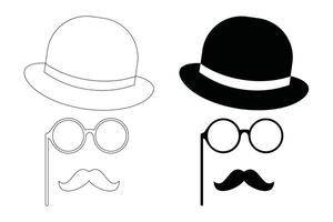 Hipster Style Icon Collection with Hat Glasses and Mustache Silhouettes and Outline on White Background vector